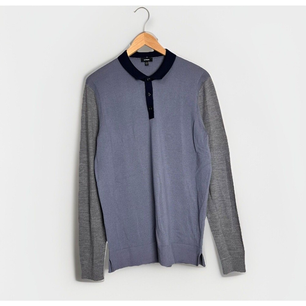 Express Men’s Medium Merino Wool Knit Polo Sweater Navy Blue Colorblock NEW